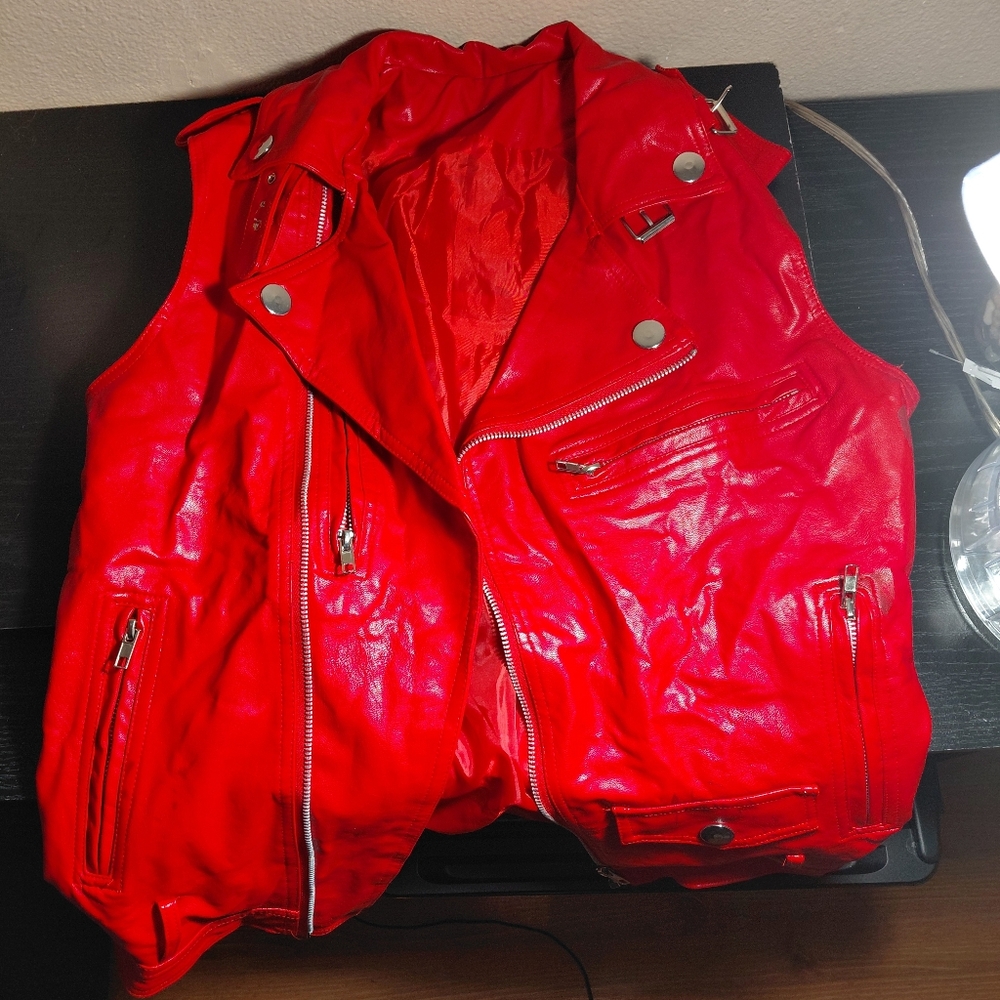 Red Faux Leather Vest Jacket With Belt. Has Stains From Storage.